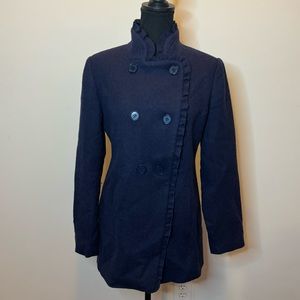 Ann Taylor Factory Navy Wool Blend Ruffle Double Breasted Pea Coat